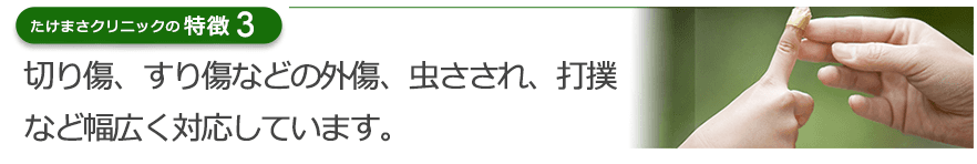 切り傷、すり傷などの外傷、虫さされ、打撲など幅広く対応しています。