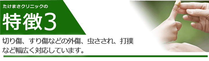 切り傷、すり傷などの外傷、虫さされ、打撲など幅広く対応しています。